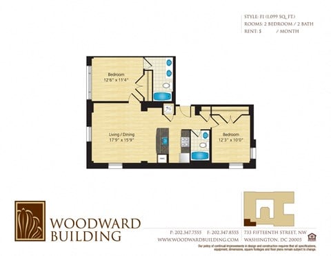 Floor plan for 2 beds, 2 baths, 1099 sqft